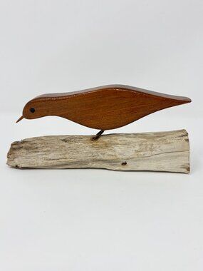 Folk Art Bird Sculpture Hand-Carved Wood Mounted On Driftwood Shore Decor